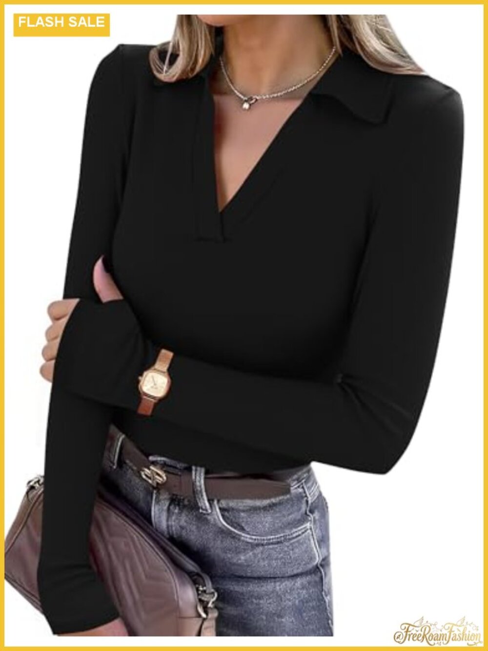 Womens Ribbed Long Sleeve V-Neck Polo Shirt Slim Fit Thumb Holes Pullover